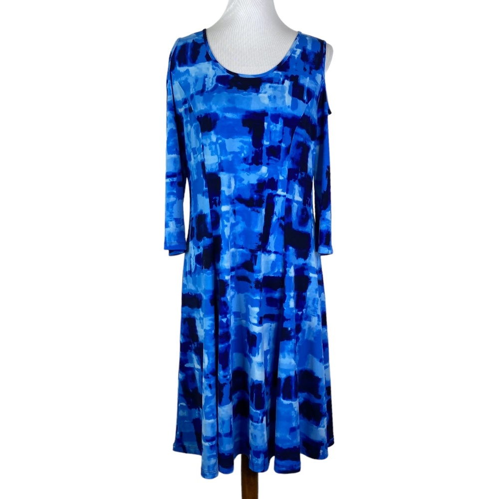 Susan Graver Liquid Knit Cold Shoulder Dress Sz. M Blue Stretchy